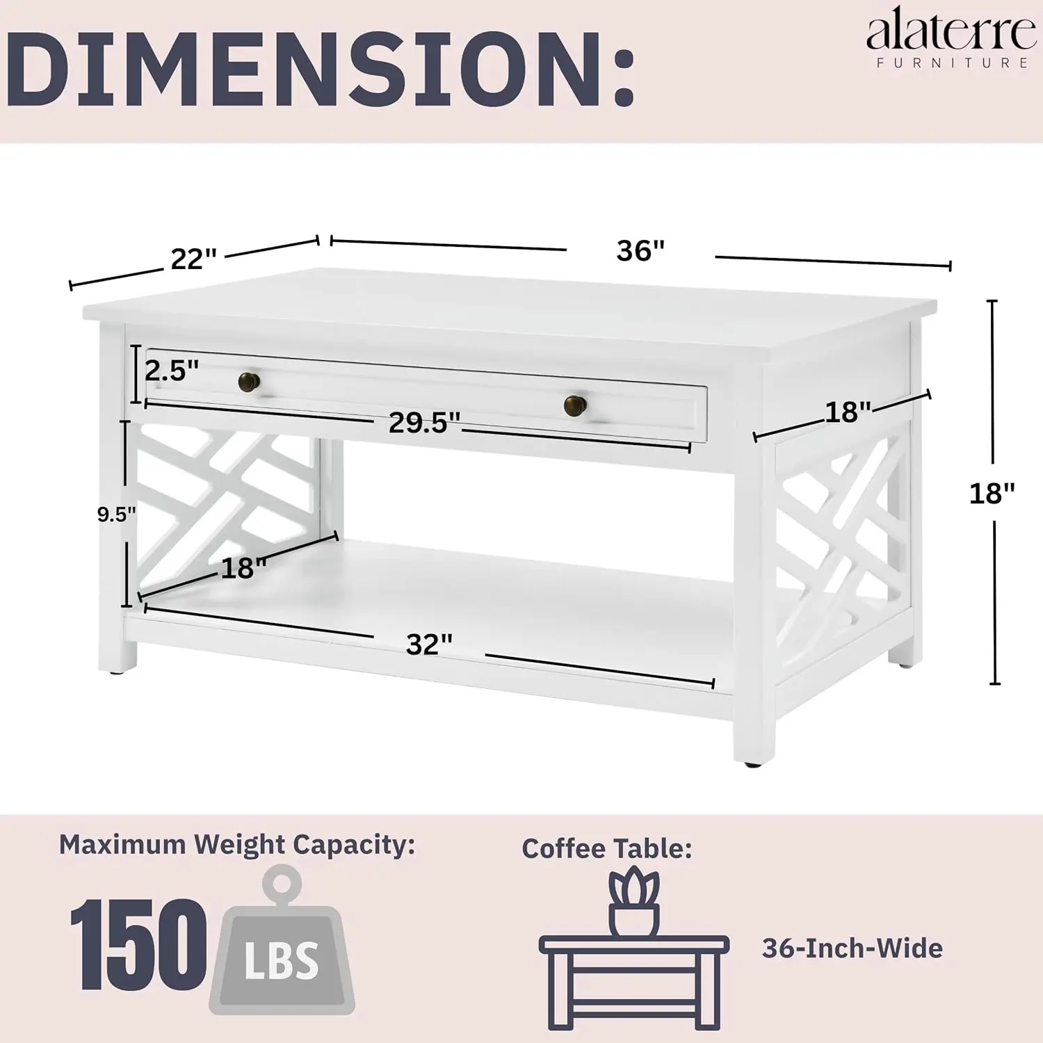 36" Modern White Wood Coffee Table - Coventry Accent Furniture with Drawer & Open Shelf, for Living Room Storage & Décor