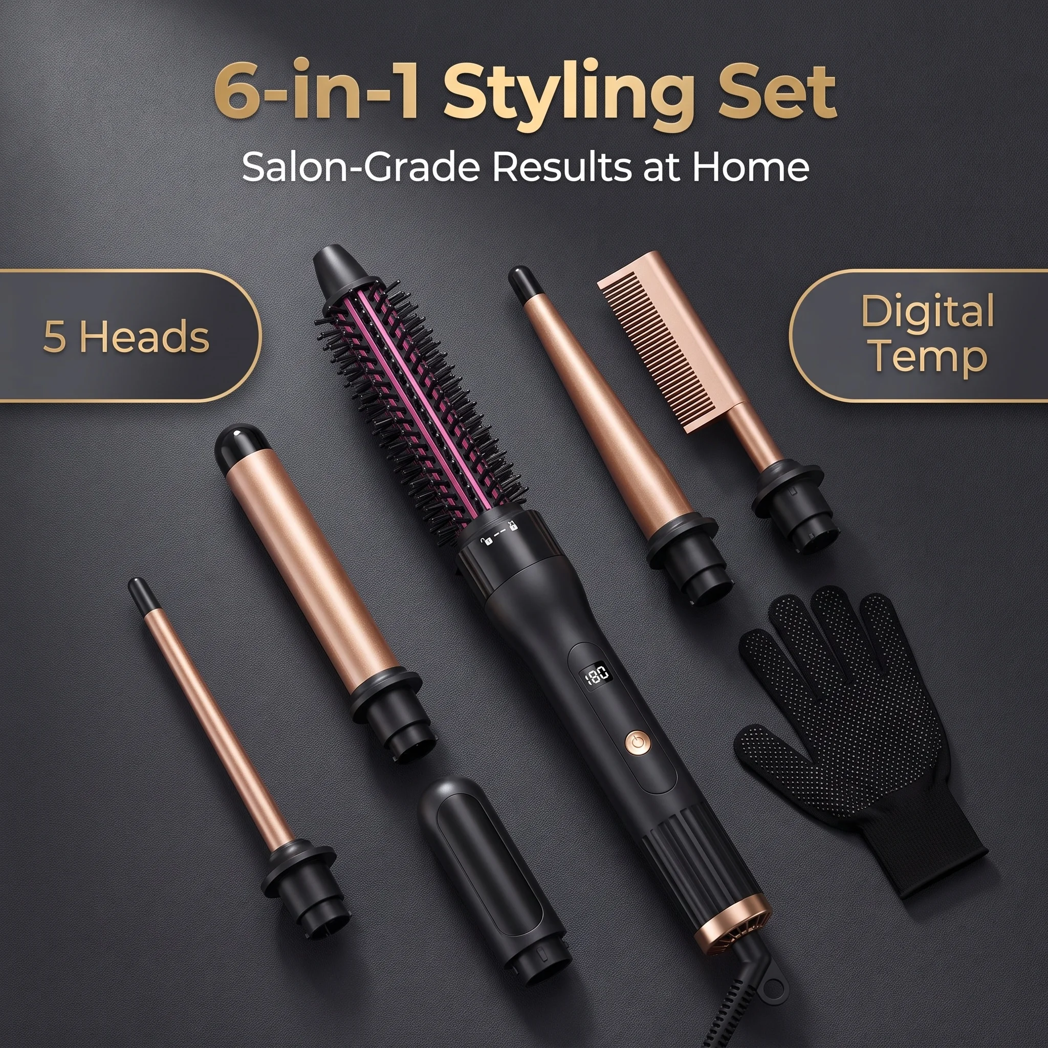 5in1 Interchangeable Hair Styler Set Multifunctional Curling Wand Straightening Brush With LCD Display Hot Comb Anti-scald Glove