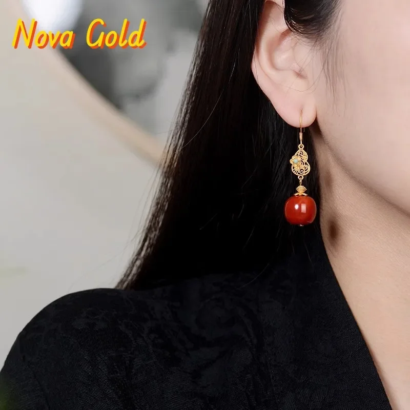 

NovaGlod 9999 gold set with natural southern red agate earring 24K real gold new Chinese style gourd wedding festive red bridal