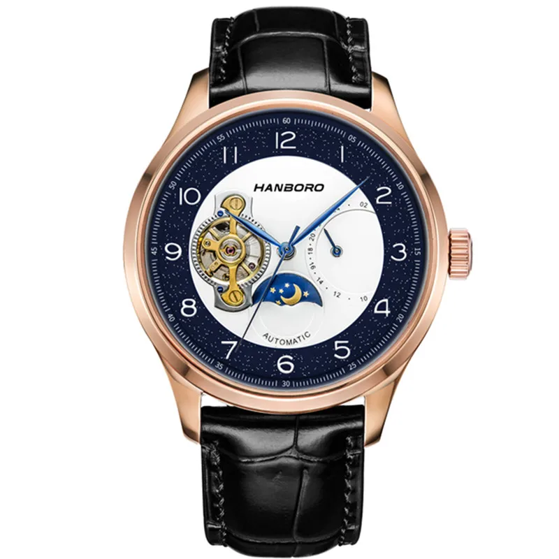 HANBORO Moon Phase Watch 24 Hour Mens Watch Stainless Steel Automatic Mechanical Watches Leather Belt Reloj Clasico 2022 New