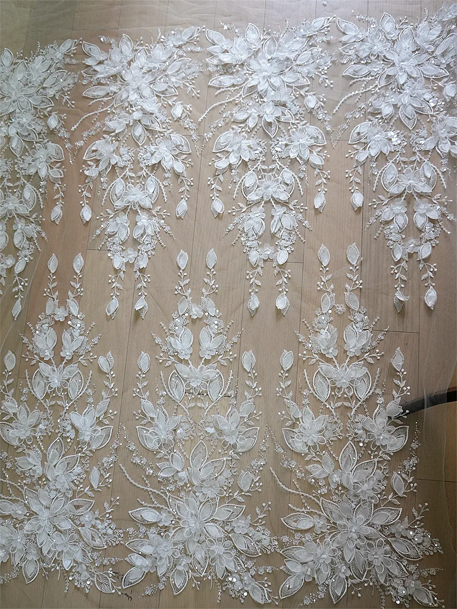 

Tulle Material Wedding Dress Tulle Embroidered Sequin Lace Appliqued 3D Flower Fabric