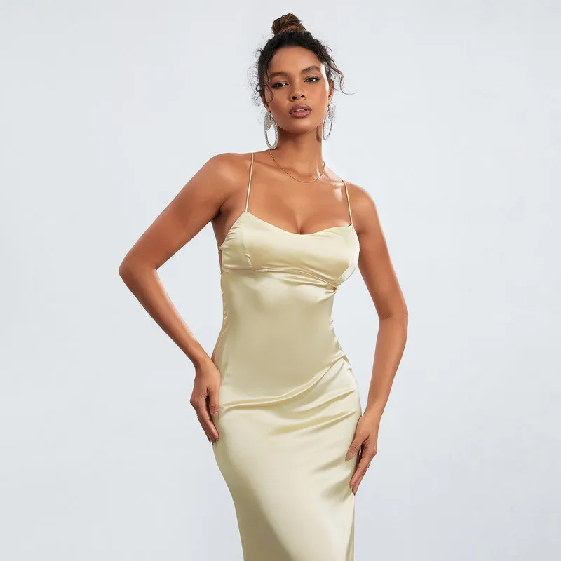 Wpnaks Frauen Long Slip Kleid Abend party Sommerkleid ung schick und elegant einfarbig ärmelloses, rücken freies, schlankes Kleid