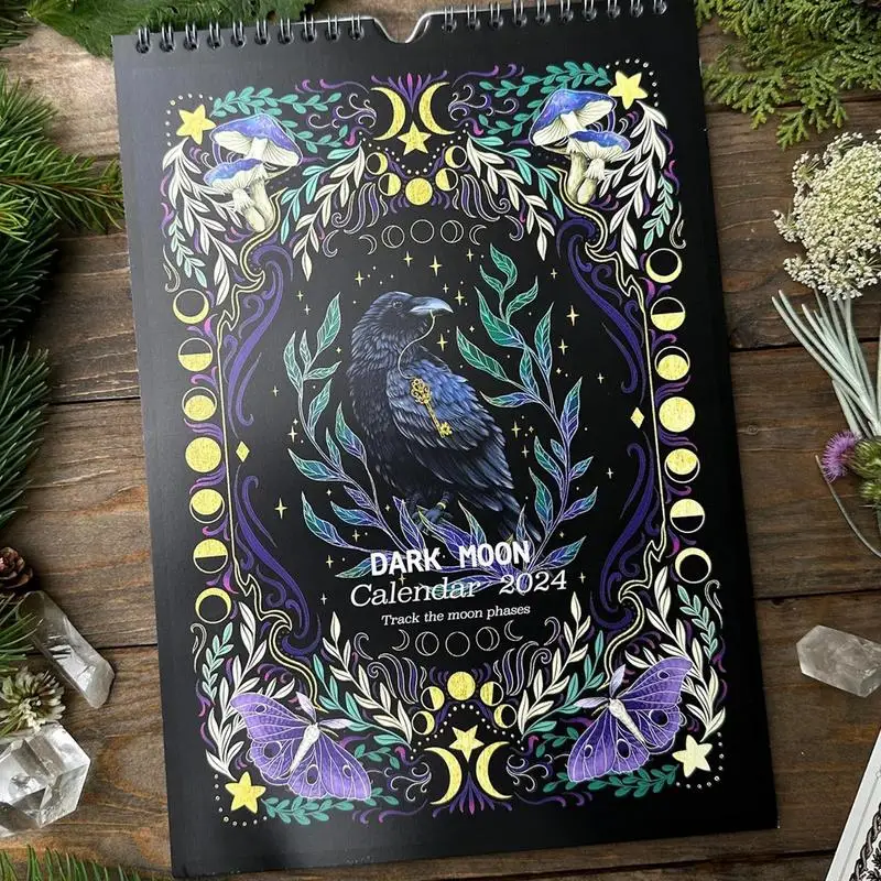 2024 Moon Phase Calendar 2024 Dark Forest Elf Series Wall Calendar Monthly Planner with Dark Moon Ornament Home Office