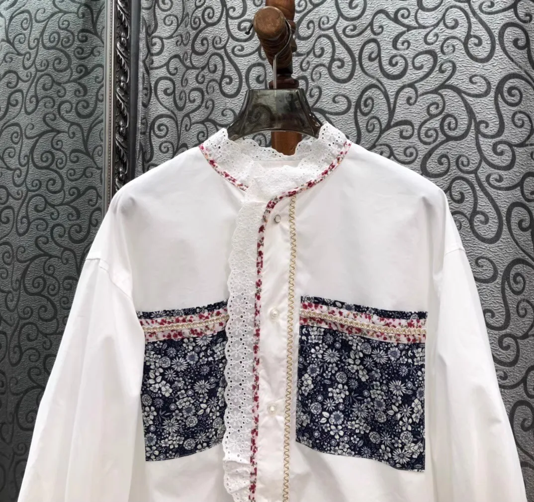 Tops Fashion New Blouses 2026 Spring Women Vintage Floral Prints Pocket Patchwork Flare Sleeve Casual Loose White Shirts Blouse