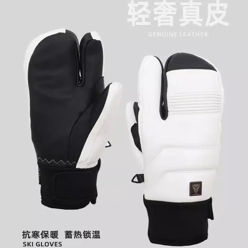 LTVT 2025 3-Finger Ski Mittens Genuine Leather Waterproof Gloves with GORE-TEX & Primaloft Warm Winter Snowboard Mittens