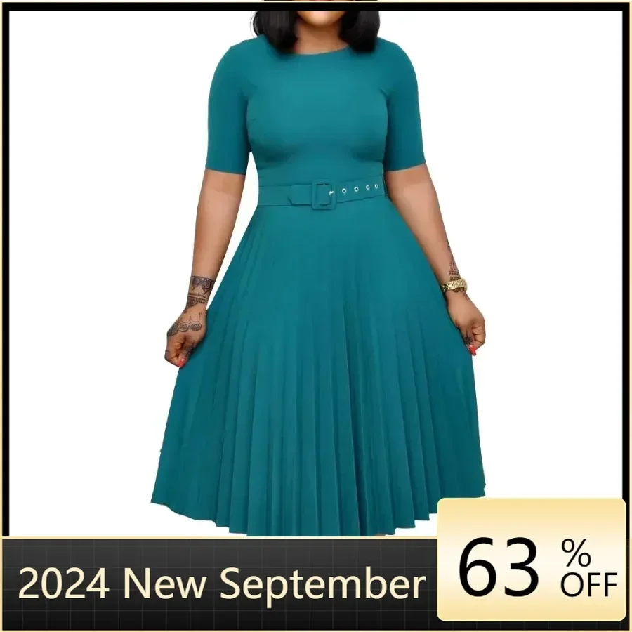 

Customized Customized Elegant Dress Women for Wedding Party Autumn Half Sleeve O-neck Pleat Midi Dress with Belt Dashiki African
