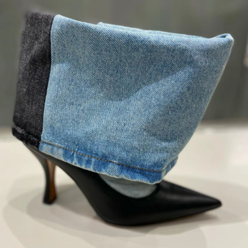 

Women's Denim Stitching Pointed Toe Trouser Boots Fashion Slip-On Stiletto Ankle Boots Retro Style Party Daily Wear Booties