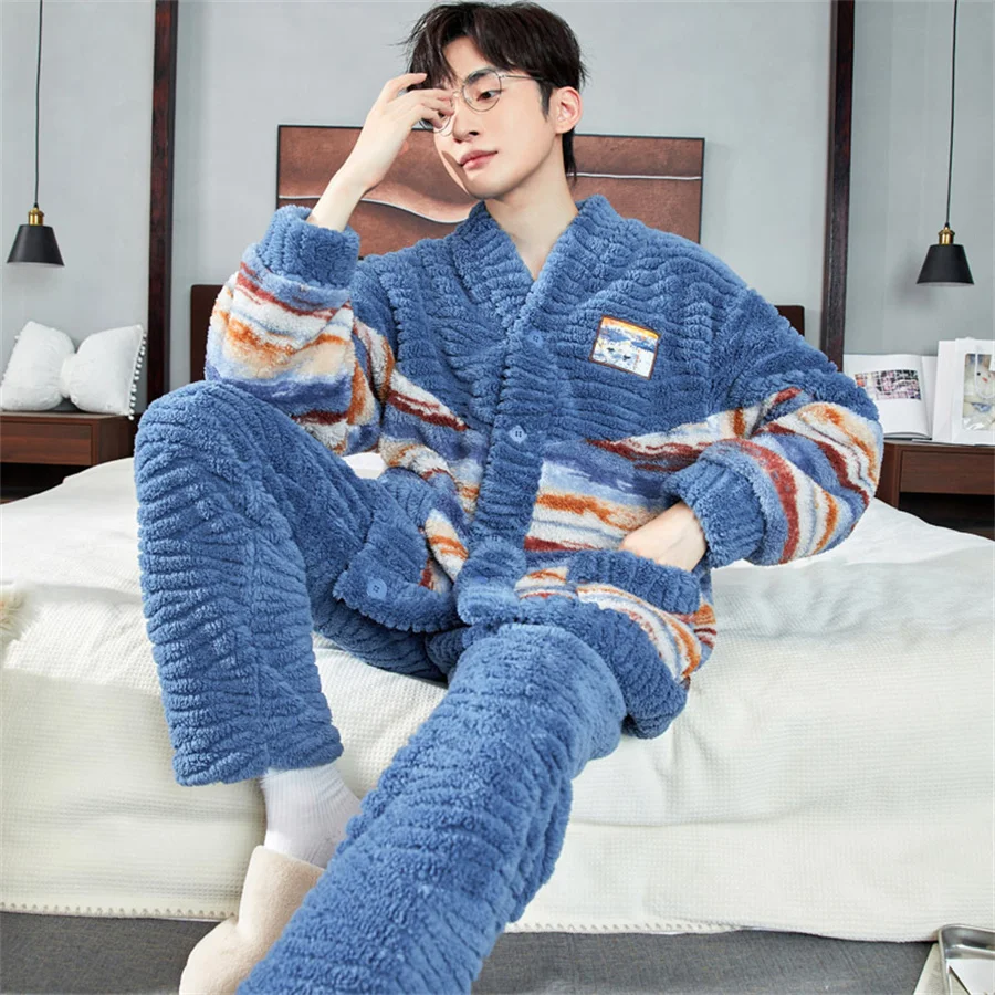 Men\'s Winter Warm Coral Fleece Pajamas Set Fluffy Coat + Long Pants Male Sleepwear for Sleeping 2 Pieces Home Wear Loungewear