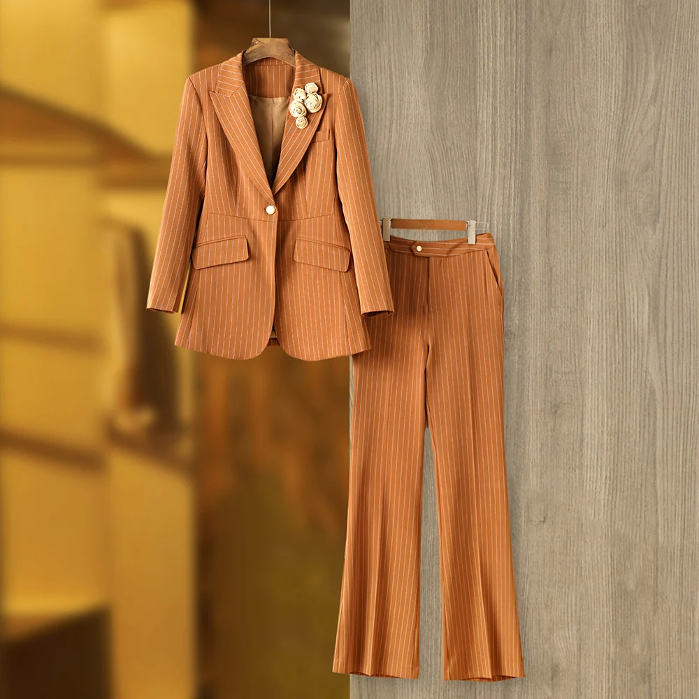 

Brown Striped Single Button Rose Decoration Long Sleeve Pants Vintage Designed 2 Pcs Set Lady Suit