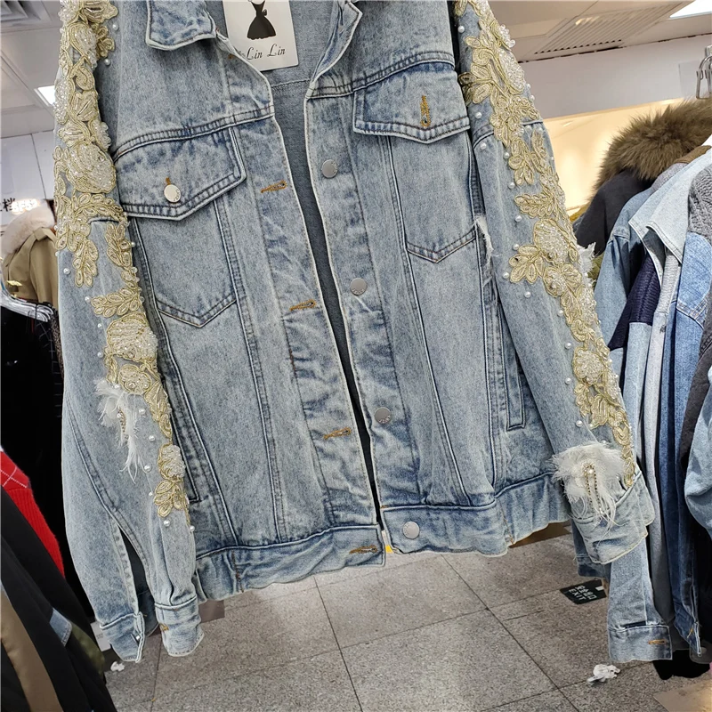 Vintage Beaded Flowers Denim Jacket Spring Autumn Women Loose Korean Casual Lapel Batwing Sleeve Jeans Jacket Female Basic Coat