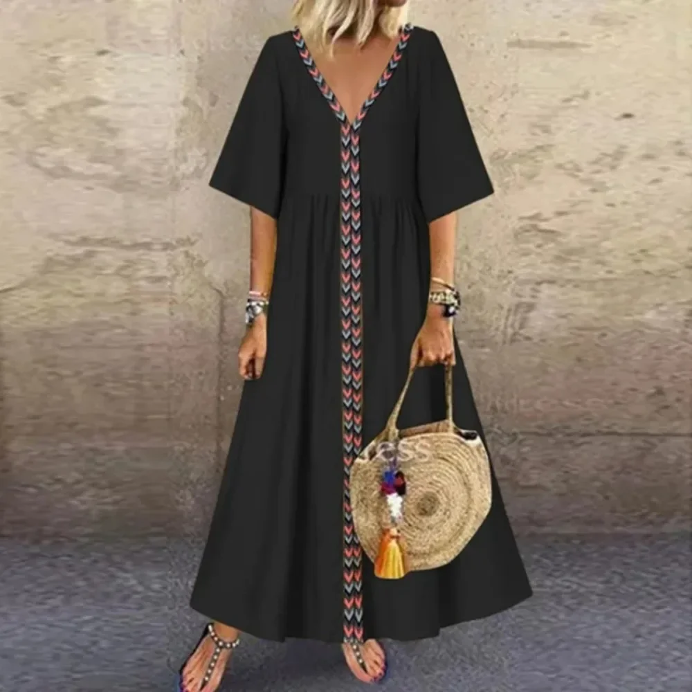 Women\'s L-5XL Plus Size Summer Commuting Oversized V-neck Short Sleeved Long Dress with Loose and Elegant Line Splicing Casual