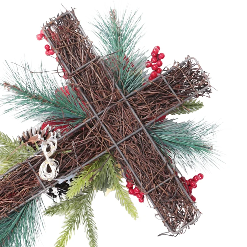 Christmas Cross Stake Metal Cross Solar Powered With Fairy Lights, Natural Rattan, Red Poinsettia & Berries