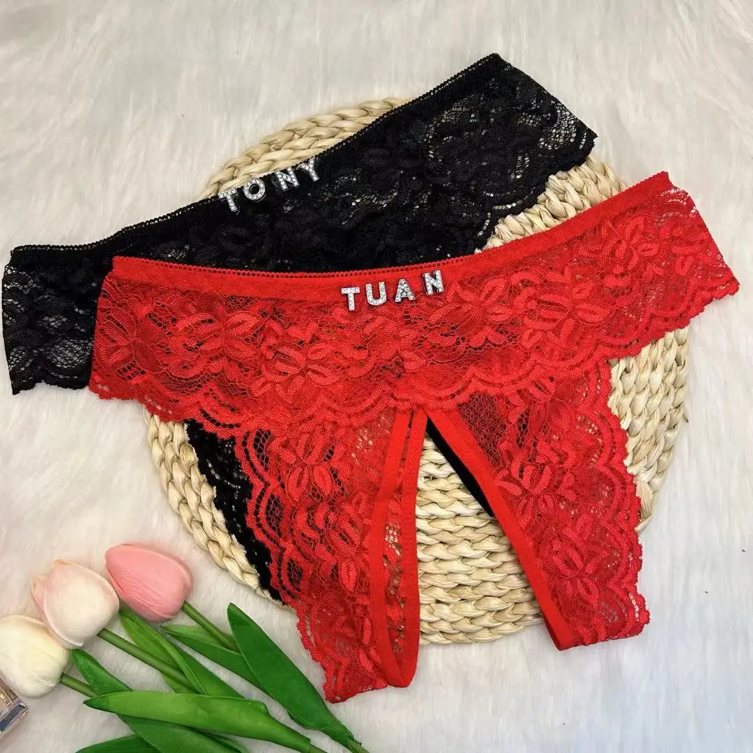 Plus Size Custom Thongs Lace Panties with Your Name Open Crotch Temptation Erotic Lingerie Customized Personality Tanga Women