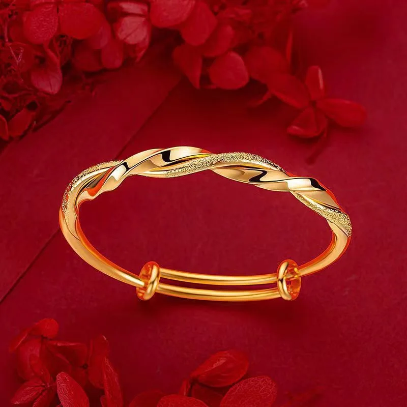9999 24K Real Gold bangle Niche Premium Twist Push-Pull Half Studded Sand Half Glossy Twist Bracelet for Women Fine Jewelry