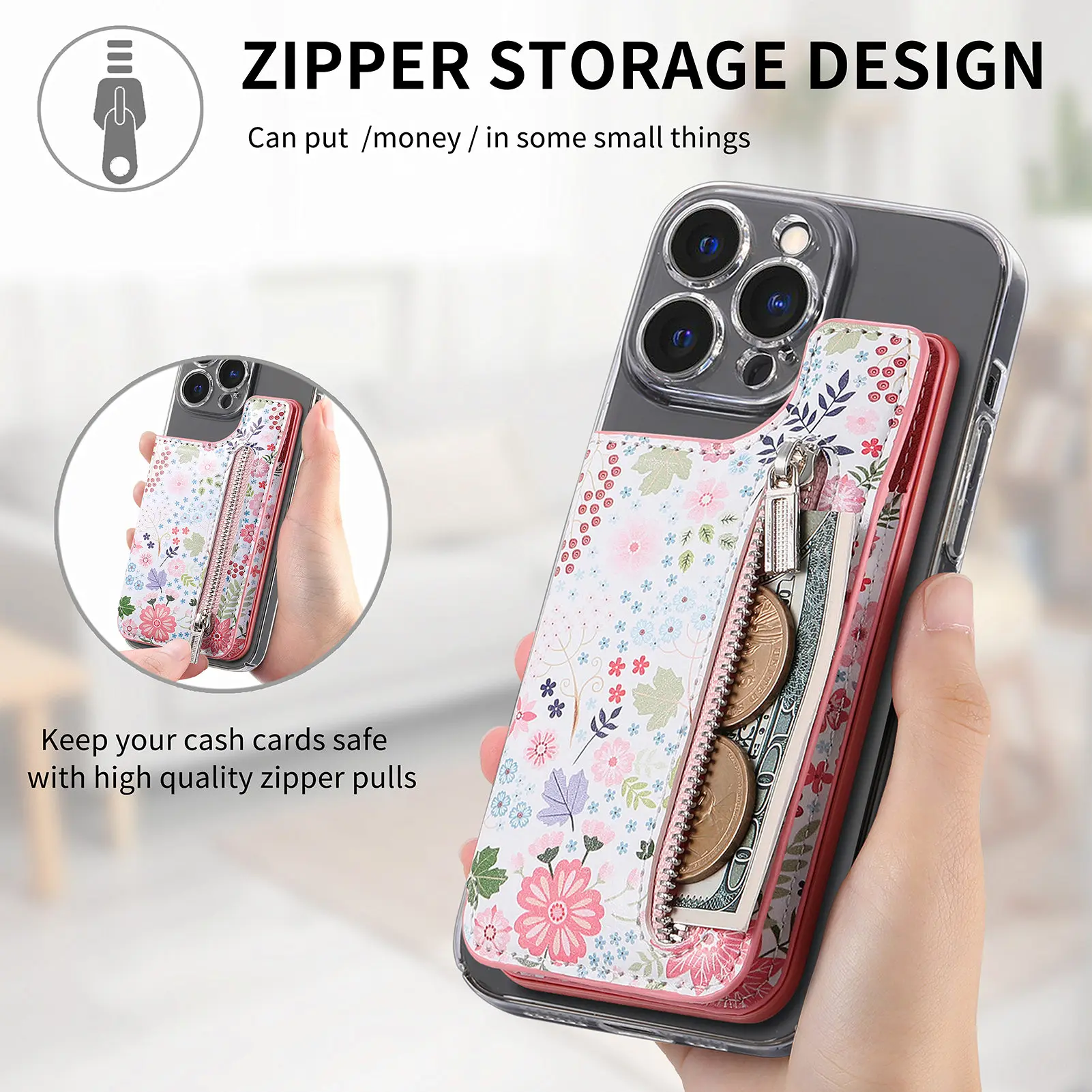 1 قطعة جراب هاتف مطلي بالزهور حامل بطاقة مع بولي Leather الجلود الخلفي ملصق حافظة للبطاقات المحمولة لاصق العالمي سستة المحفظة Deskto