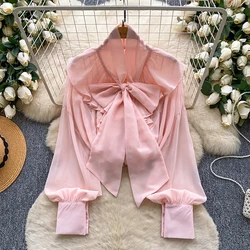 French Elegant Ruffled Long Sleeved Chiffon Shirt for Women Spring Autumn New Fashionable Plus Size Bow Collar Blouse Top T107