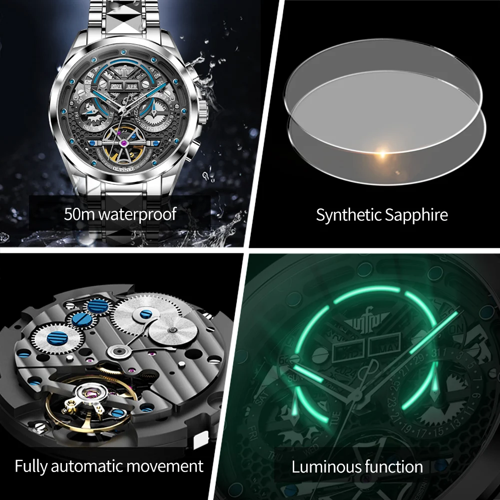 OUPINKE 3249 Skeleton Flywheel Mechanical Men\'s Watches 50M Waterproof Automatic Watch For Men Calendar Week Dress Hand Clock