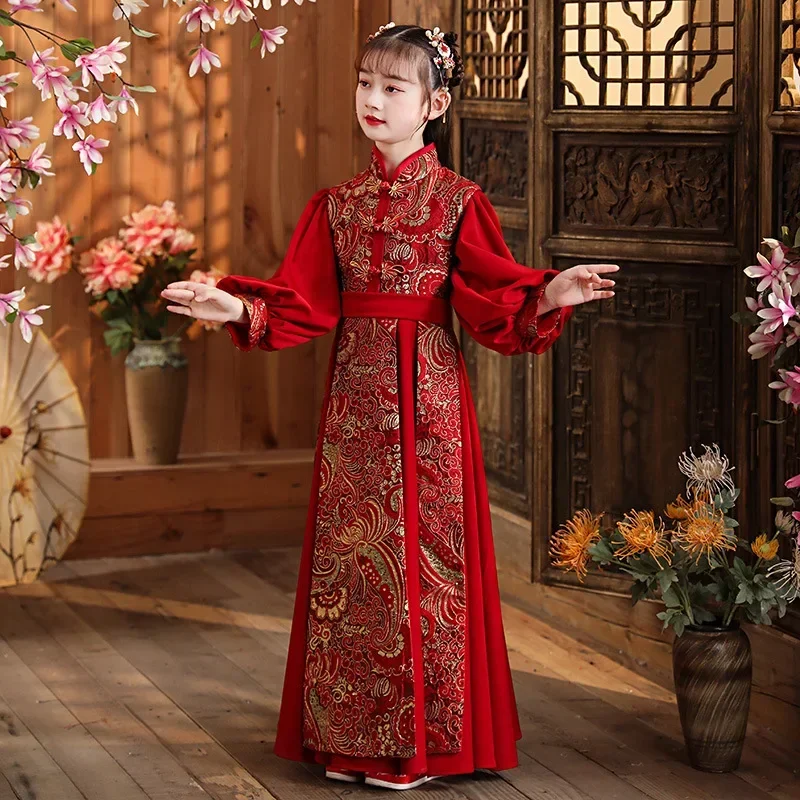 AOSHIYA Girls Red Chinese New Year Clothes Vintage Long Cheongsam Party Wedding Flower Girl Dresse Dance Costumes Girls Hanfu Dr