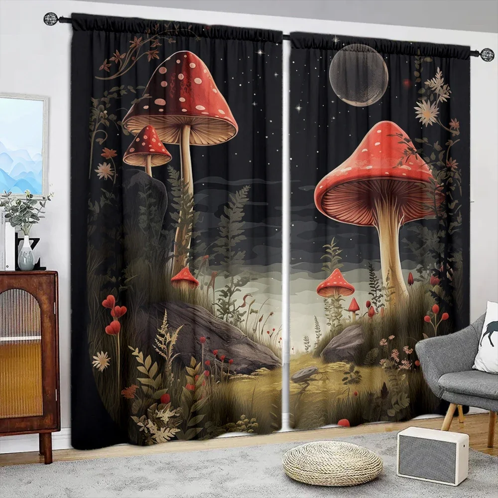 2pcs Dark Mushroom Printed Curtain for Home Decor - Rod Pocket Window Treatment for Bedroom,Office,Kitchen,Living Room,and Study