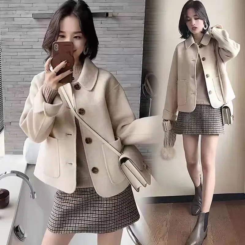 2026 Autumn Winter Women's New Short Thousand Bird Grid Double-sided Woolen Coat Doll Collar Woolen Coat Loose and Thin Woolen