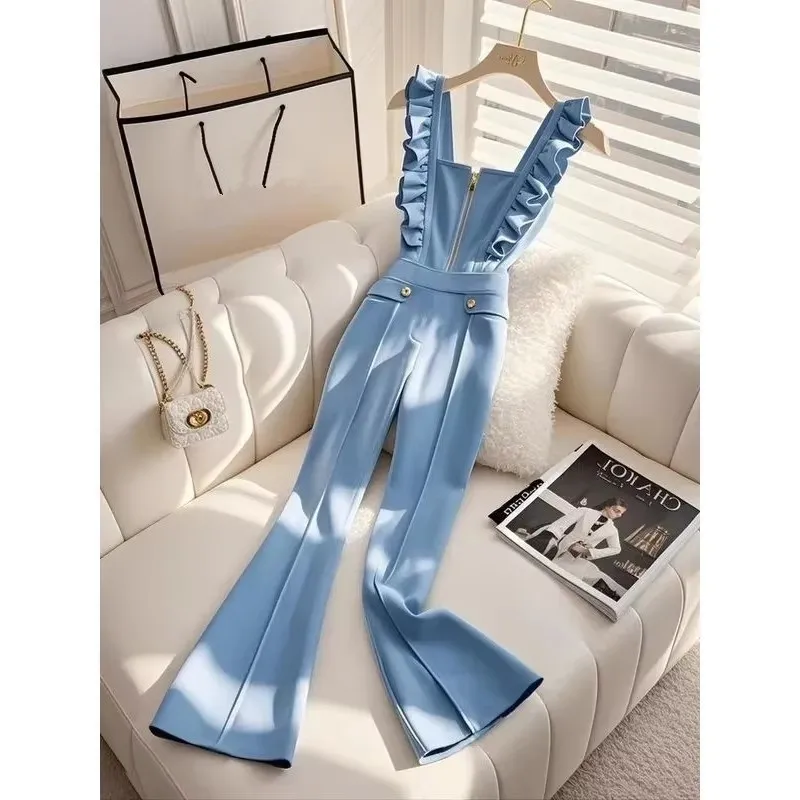 

Ruffles Flying Sleeve Square Collar Zipper Jumpsuits Sky Blue Slim Fit Wide Leg Pants Jumpsuit Office Lady Frence Style Elegant