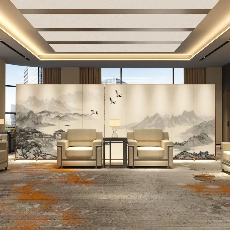 Screen partition living room entrance new Chinese style solid wood hall hotel landscape background decoration folding mobile fol