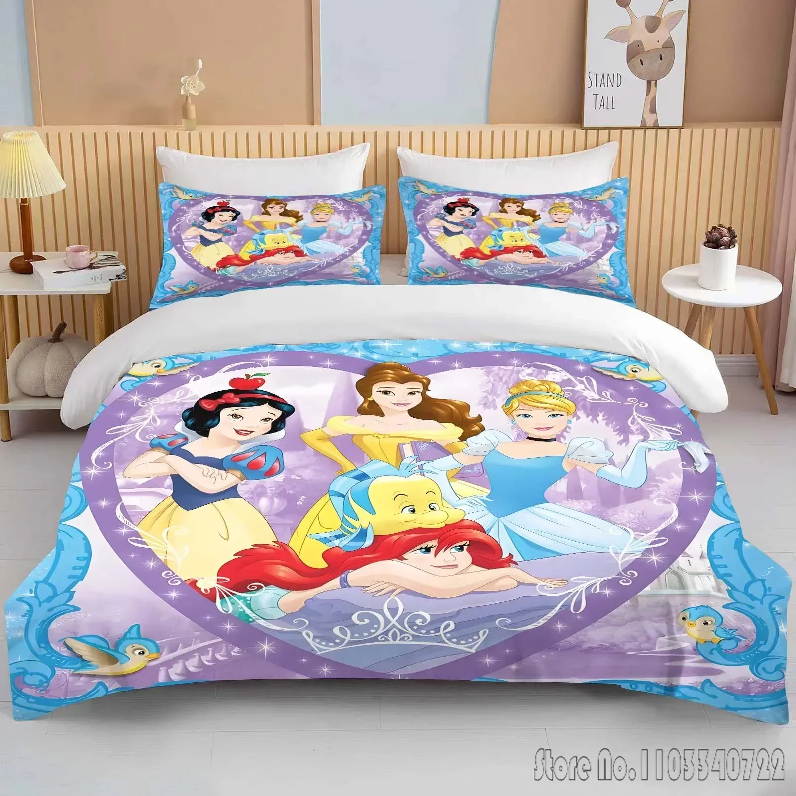 Disney Princess Printed Soft Bedding Set Duvet Cover Anime Quilt Adult Kids Birthday Gift Full Size Bedding Set Luxury