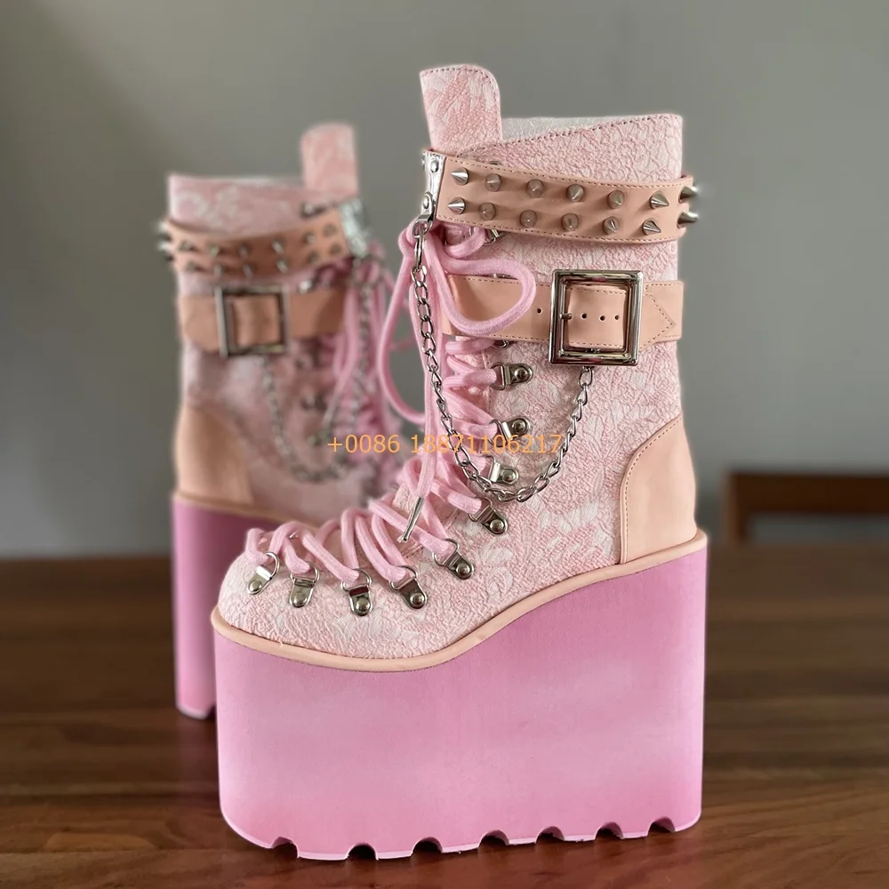 Pink Platform Chain Rivet Boots New Cyberpunk Belt Buckle Rock Boots Party Casual Fashion Ladies Sweet 34-47 Size Wedding Shoes