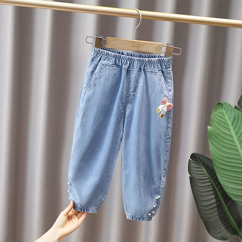 2024 Spring and Autumn Girls Leisure Bow Pearl Pocket Elastic Jeans Pants Children\'s Clothing 1-8y