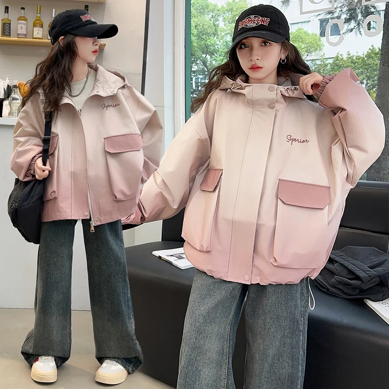 2025 autumn children's hanging dye coat girls' pink cotton jacket winter long sleeved hooded sweatshirt boys' coat