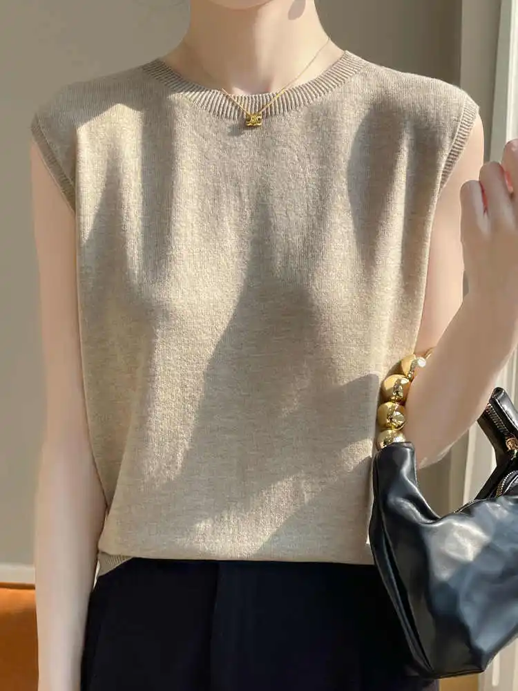 AOSSVIAO 2026 Spring Summer Cashmere White Sleeveless Round Neck T-Shirt Core Spun Yarn Women's Top Solid Color Versatile Tees