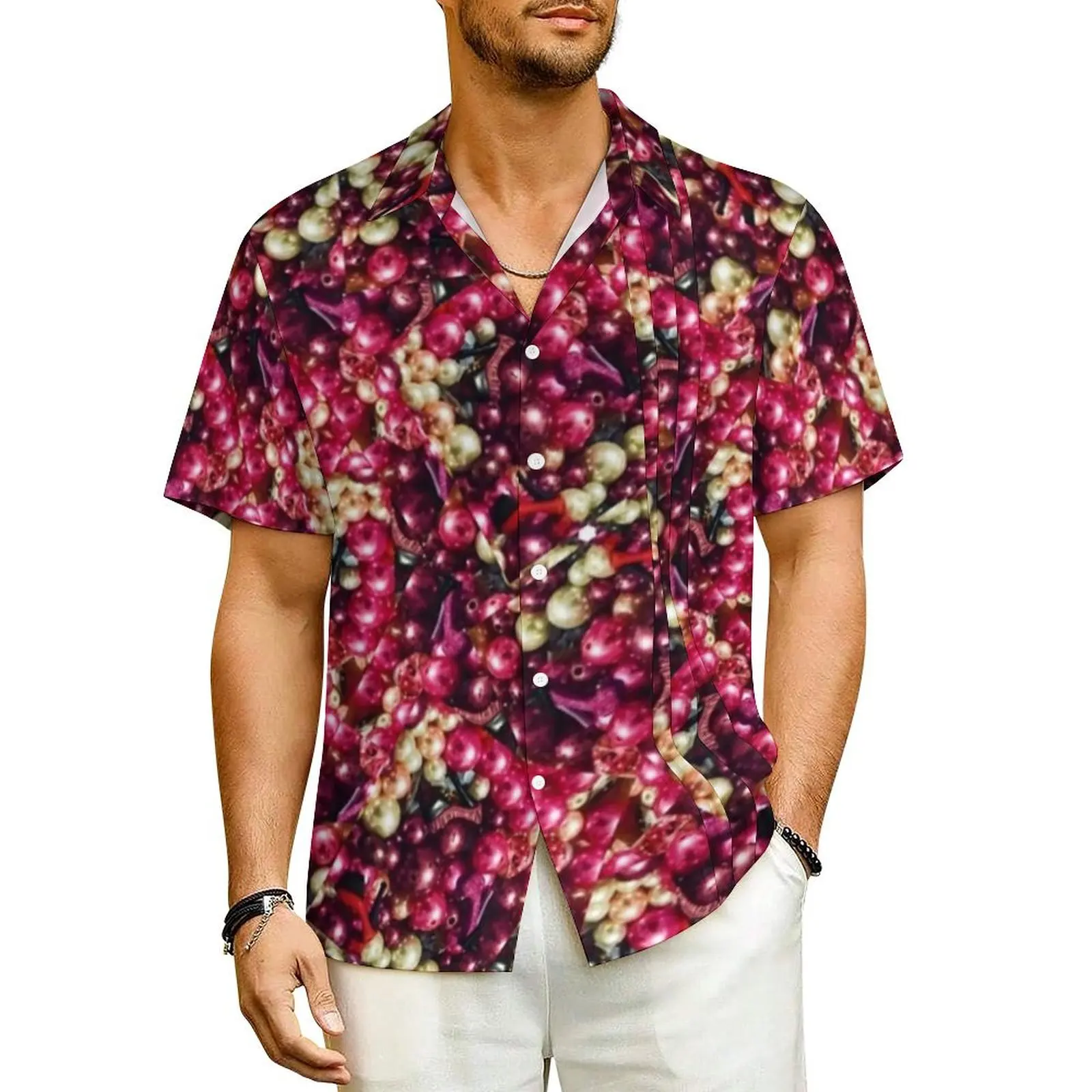 

Pink Beads Print Hawaii Shirt For Male Beach Dots Modern Art Casual Shirts Short Sleeve Fashion Graphic Trendy Plus Size Blouses