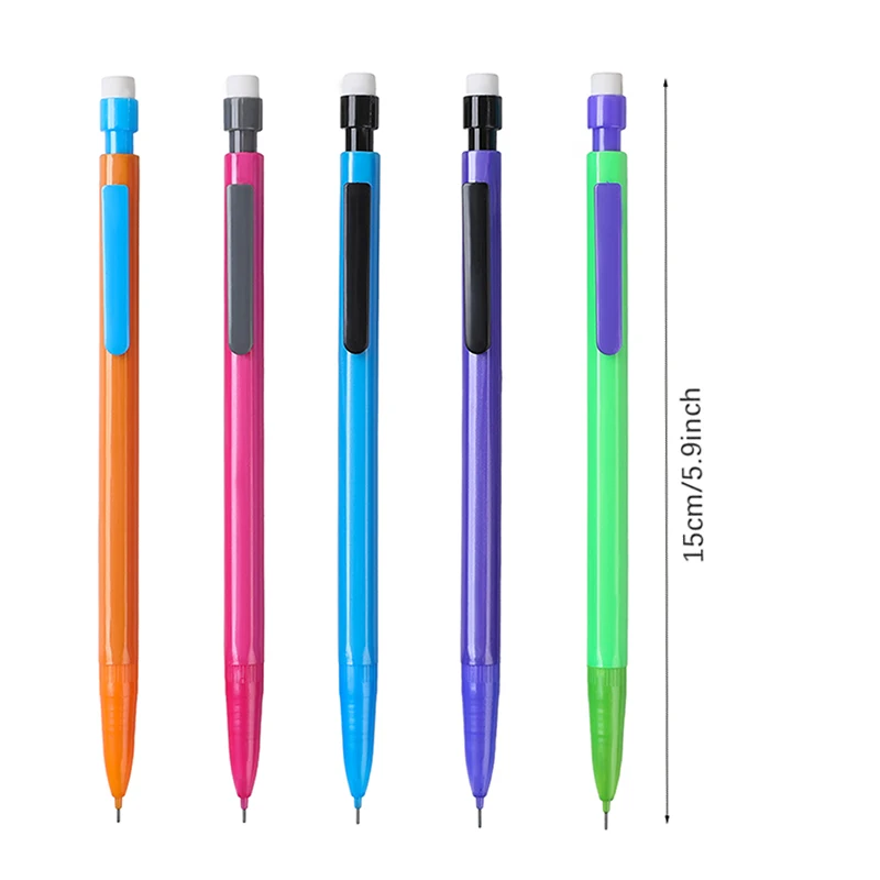 Neues kreatives 5-Farben-Druckbleistift-Set mit oberer Radiergummi, 0,5/0,7 mm Minenfüllung zum Schreiben von automatischem Bleistift-Briefpapier in der Schule – Detail 6