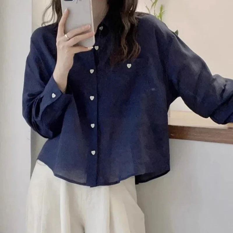 Spring Autumn New Solid Color Shirt Women POLO Collar Long Sleeve Fashion Button Cardigan Vintage Elegant Pocket All-match Tops