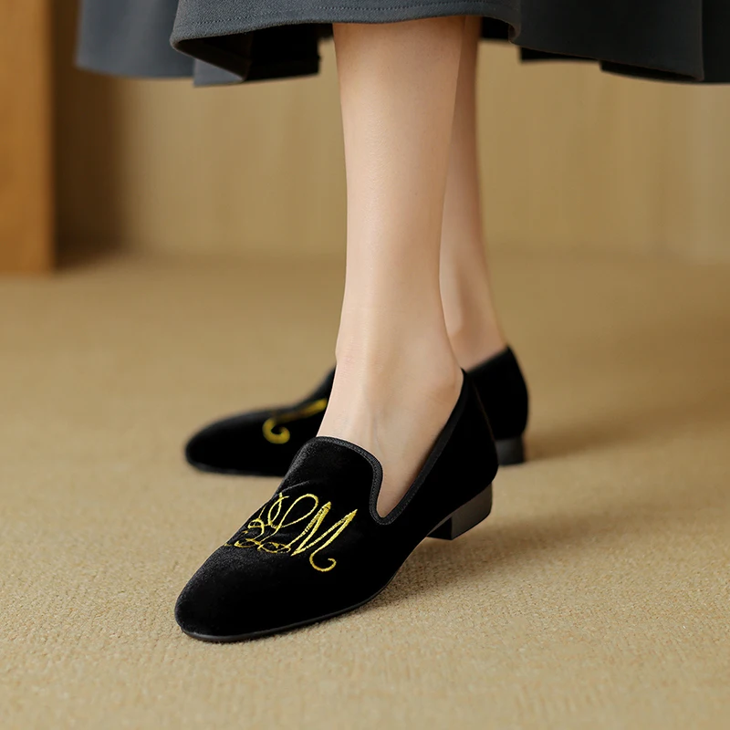 Women Flats Velvet Embroider Mules Round Toe Casual Flats For Spring Slip on Daily Loafers Ladies Cozy Casual Shoes