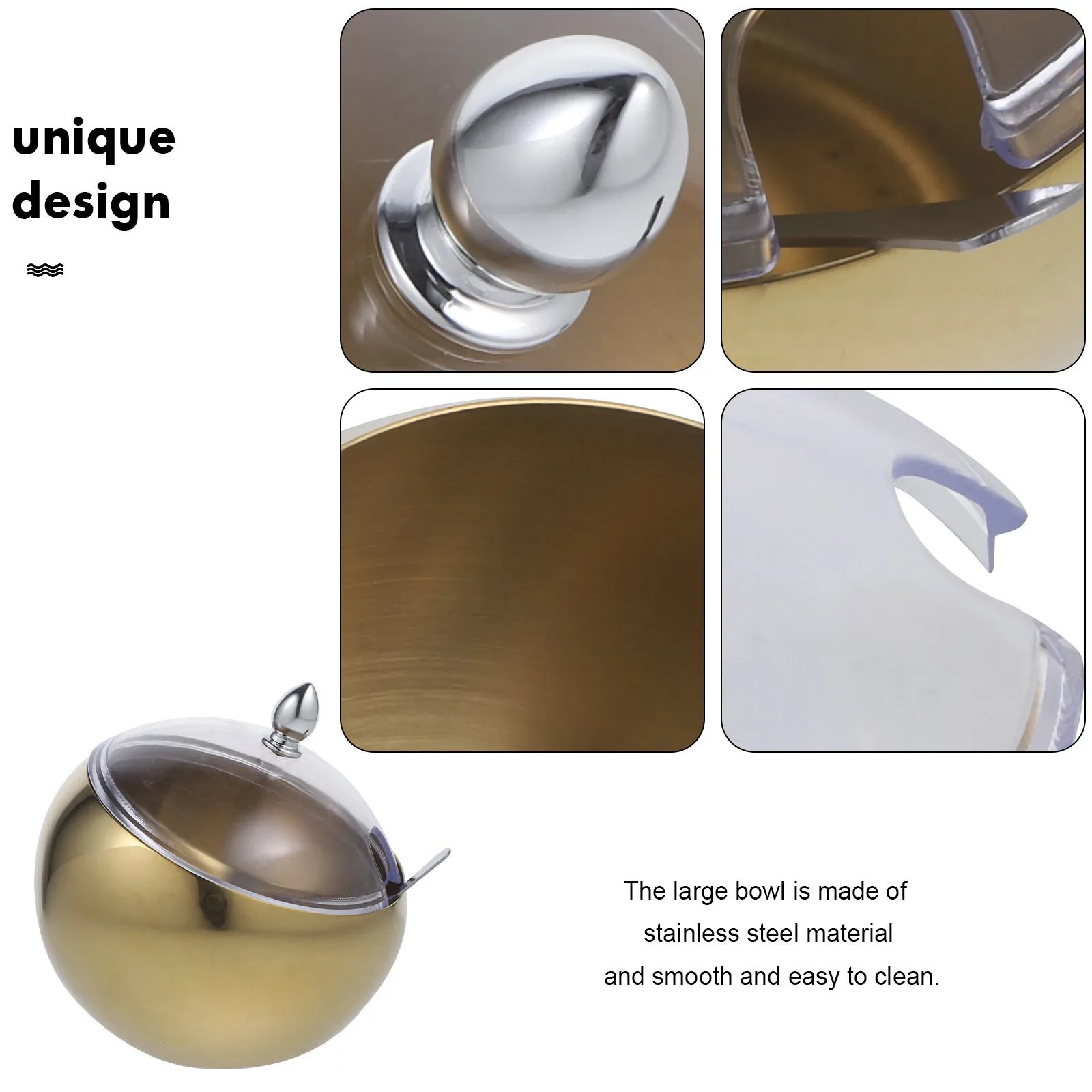 

Golden Spherical Condiment Jars Slanted Mouth Lid Stainless Steel Spice Bowls Kitchen Food Containers Easy Cleaning Fruit Salad