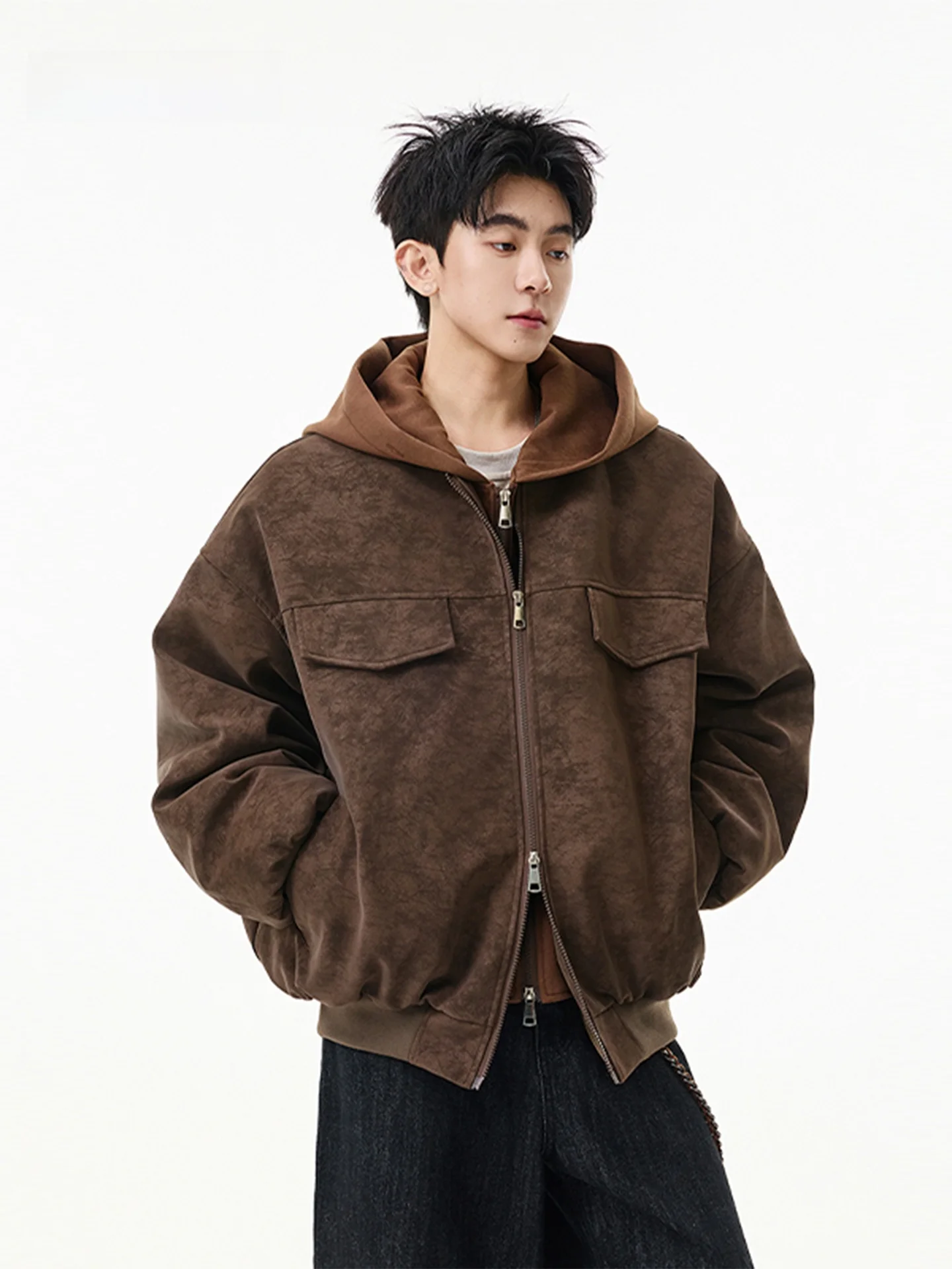 

American Sle Thiened PU Leather Hooded Cotton Jaet Men's Winter Faion Loose Double Zipper Warm Coat Trendy Youth Casual