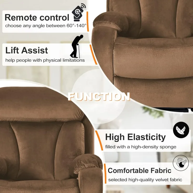 Power Lift Chair Recliners for Elderly, Velvet Upholstery Electric Lift Chair Recliner with Side Pocket for Living Room (Brown)