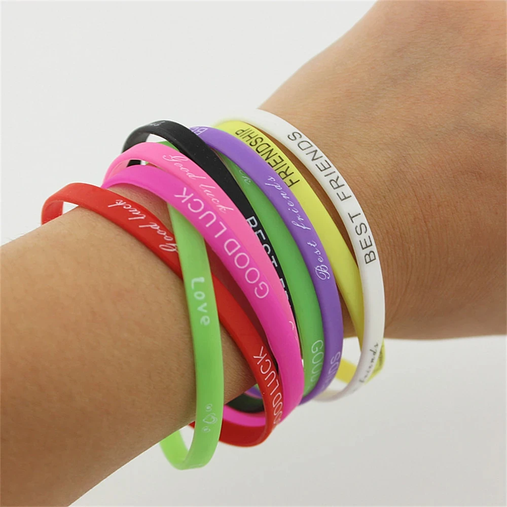 10pcs Fashion 5mm Luminous Silicone Bracelet Letter Sports Elastic Bracelet Rubber Fitness Wristband Women Men