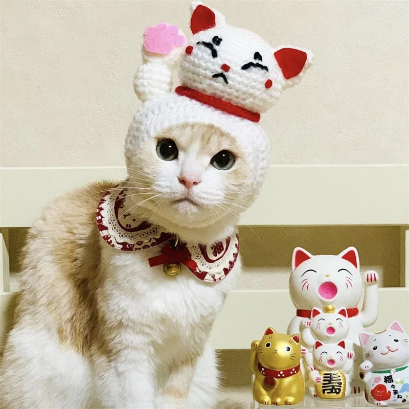 Autumn Winter Lucky Cat Hat Elastic Cute Refined Pet Hat Puppy Kittens Knitted Hat Party Photo Shoot Props Decoration