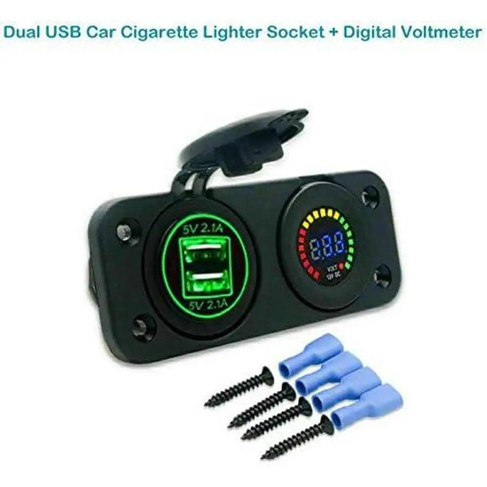 1Set Dual USB Charger with LED Digital Voltmeter For All 12V-24V Systems ABS+Metal Premium Material Black Car Accessories