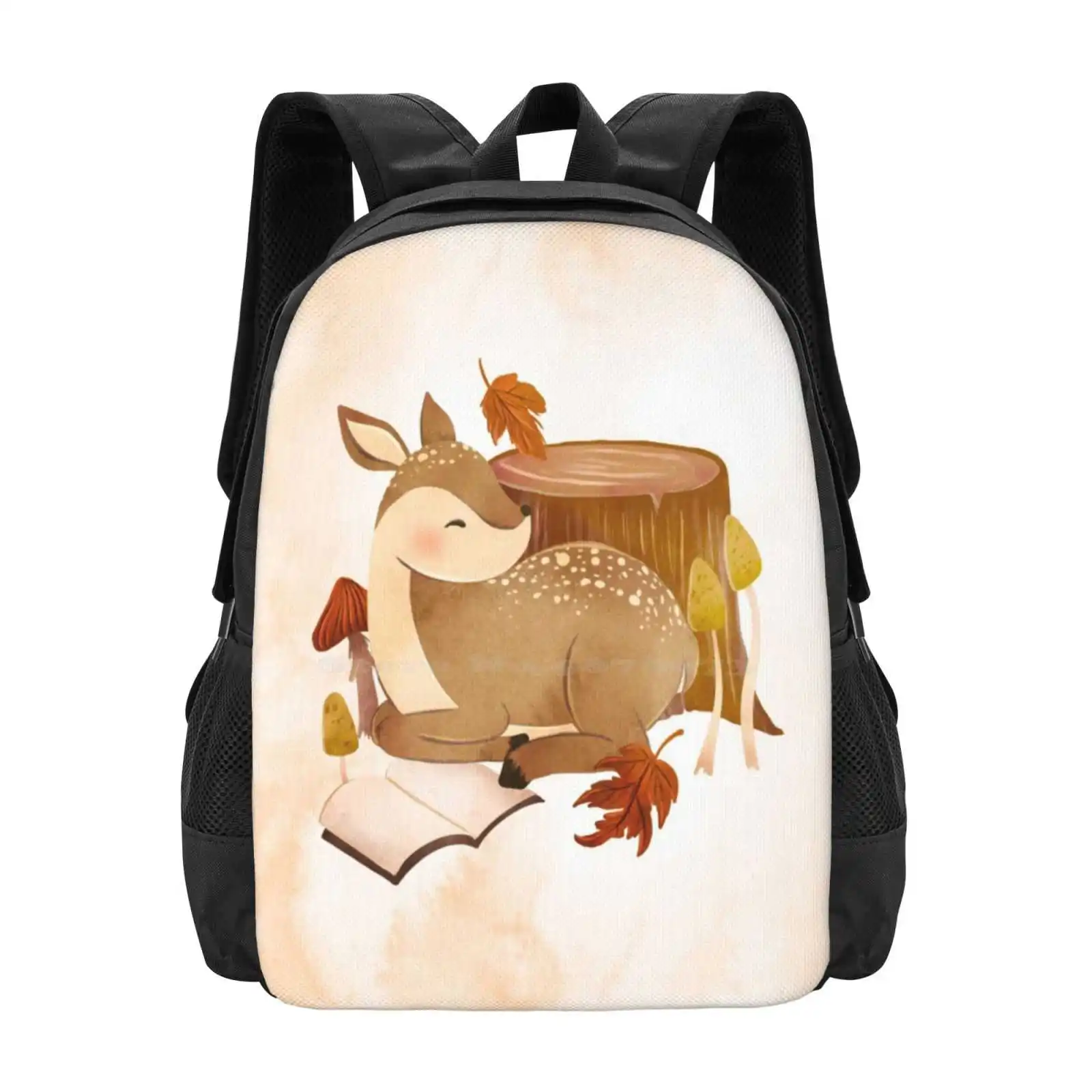 Bookish Fawn Fashion Pattern Design Travel Laptop School Backpack Bag Deer Autumn Fall Literary Literature Animal Cute Woods