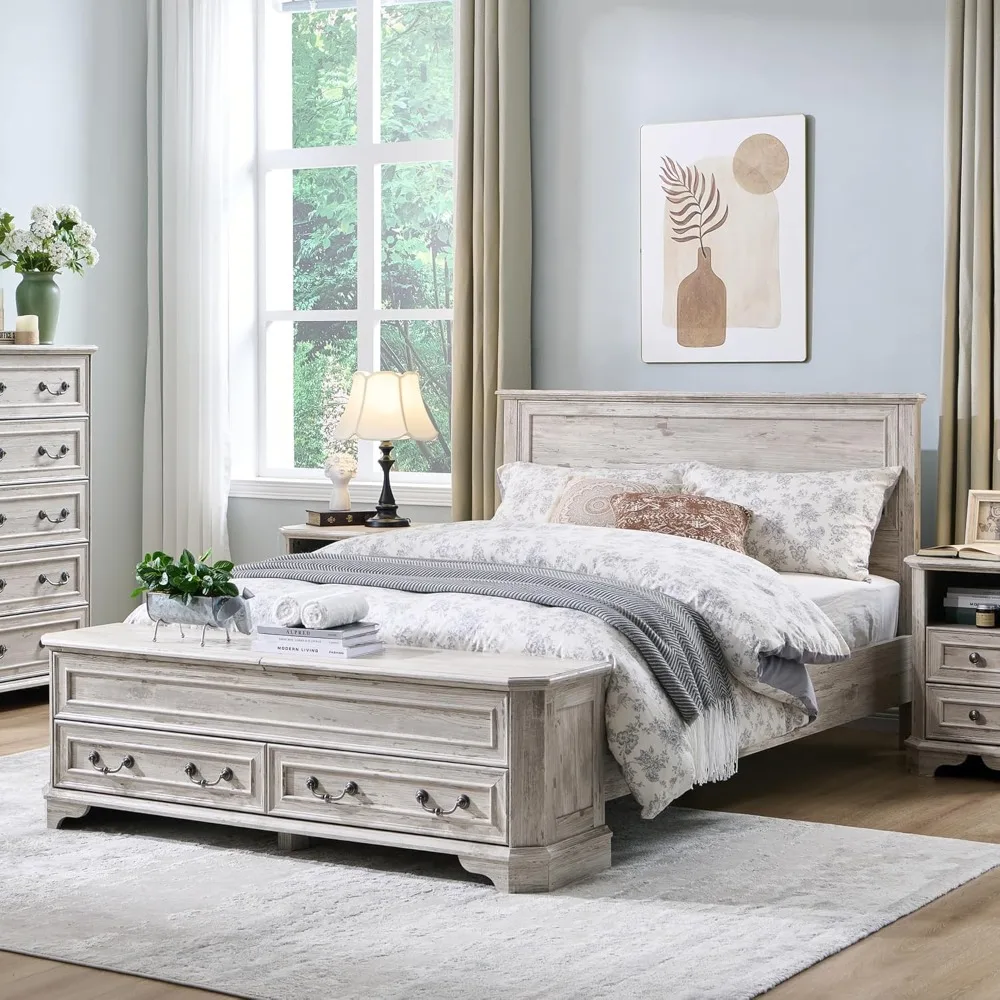 Full Bed with Headboard and Storage Stool, Wooden Platform Bed with 58 Inch Storage Cabinet and 4 Large Storage Drawers