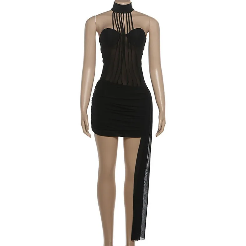 Transparentes Mesh-Splicing-Bodycon-Kleid mit Schlank-Effekt, Rückenfrei, Schulterfrei, Bustier-Kleid, Nachtclub-Kleider, Ärmellos, Gerafft, Vestidos – Detail 11
