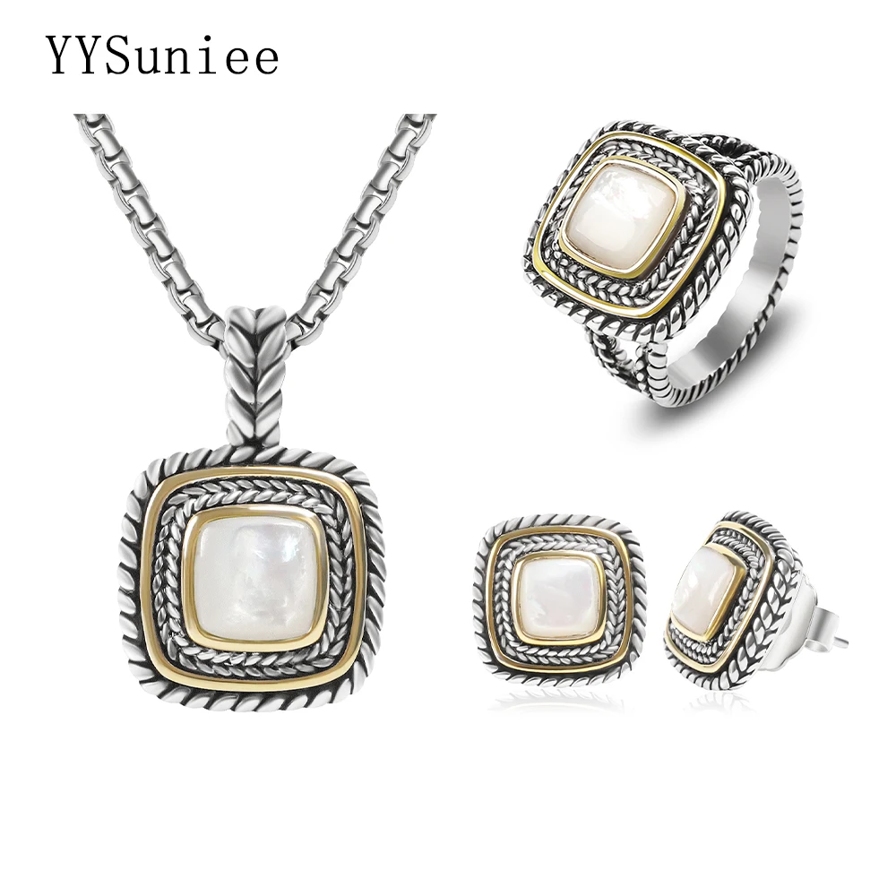 YYSuniee Cubic Zirconia Women's Jewelry Set 18k Gold-Plated two-tone Wheat Thread Earrings Pendant Ring Set  Party