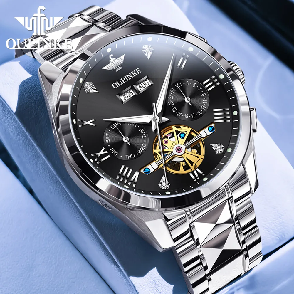 OUPINKE 3240 Skeleton Herrenuhren 50 m wasserdicht automatische mechanische Uhr Saphir leuchtendes Datum Wolframstahl Markenuhr 6