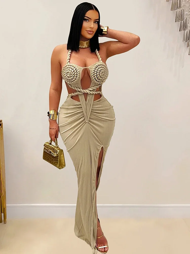 Vestido maxi feminino recortado franzido laranja sexy halter pescoço sem costas fenda alta bandagem vestidos de festa roupas de aniversário