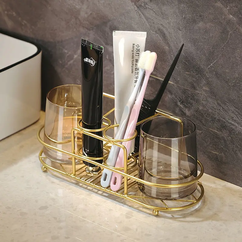 

Punch-free Toothbrush Cup Light Luxury Rack Brushing Mouthwash Cup Bathroom Toilet Wall-mounted Cosmetic Storage Rack