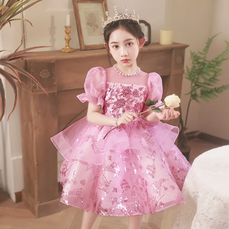 

Girls Beading Sequin Design Princess Ball Gown Children Birthday Party Wedding Host Performance Dresses y931