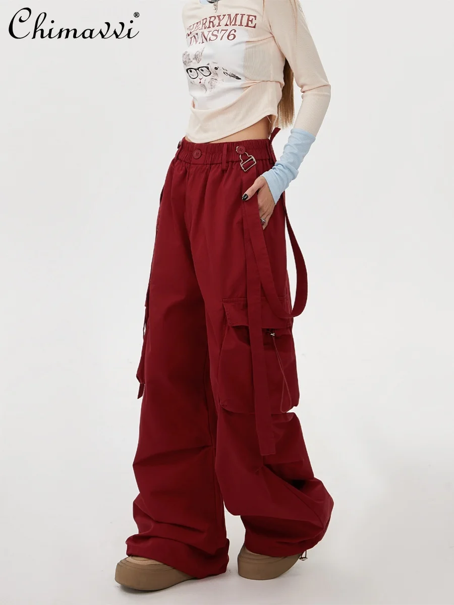 Salopette à jambes larges bordeaux, pantalons de Jazz américain de rue, pantalon hip-hop pour femmes, vêtements d'automne pour dames, 2025